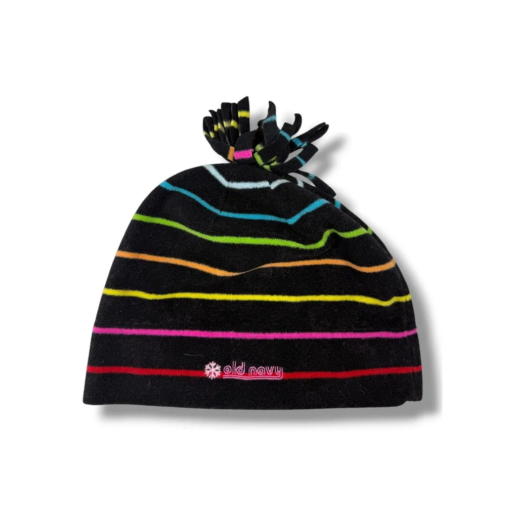 Old Navy Fleece Beanie Hat Black Rainbow Striped Fringed Snowflake Pom Pom